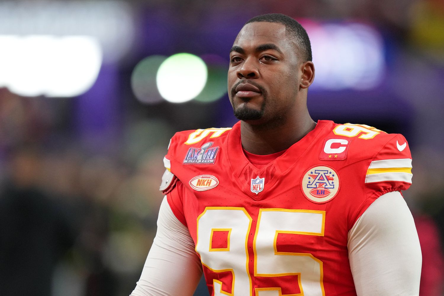Feb 11, 2024; Paradise, Nevada, USA; Kansas City Chiefs defensive tackle Chris Jones (95) warms up before Super Bowl LVIII against the San Francisco 49ers at Allegiant Stadium. Mandatory Credit: Kirby Lee-USA TODAY Sports  